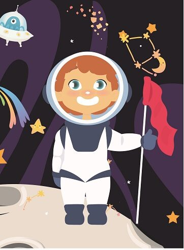 Illustration of a child astronaut on the moon surrounded by stars and constellations