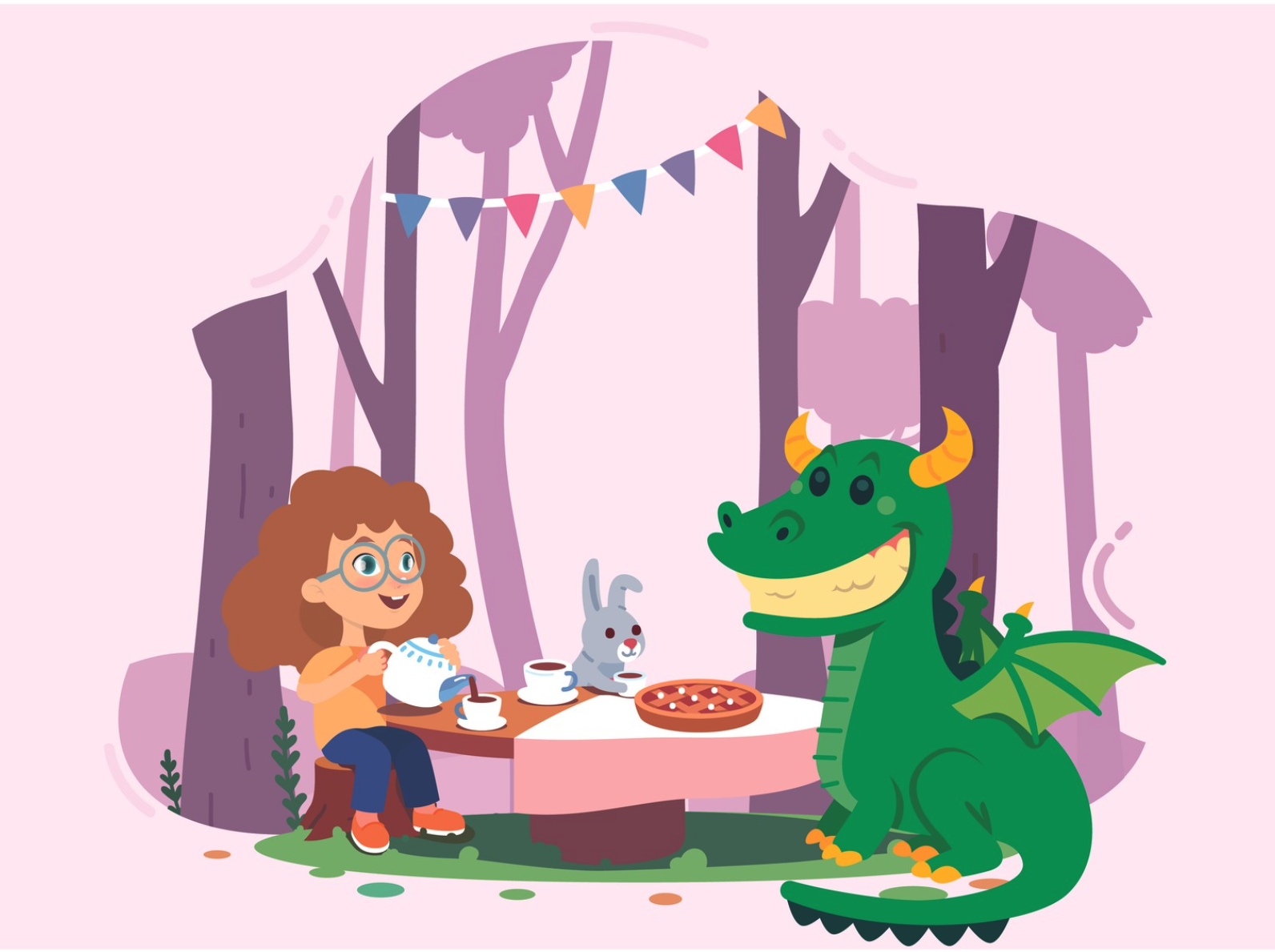 Roberta having tea in the forest with a green dragon and a rabbit