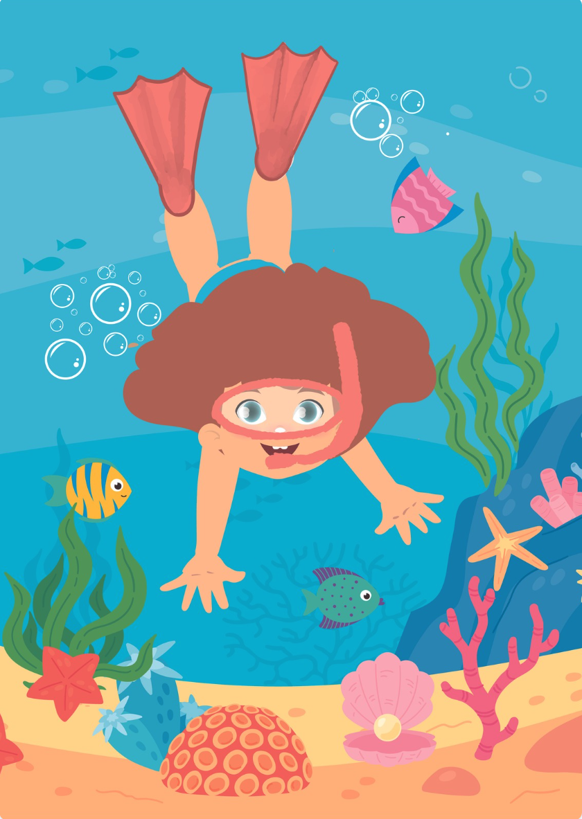 Roberta diving underwater surrounded by fish, corals and starfish