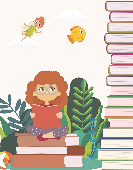 Illustration of Roberta reading with a fairy and a flying fish next to a tower of books