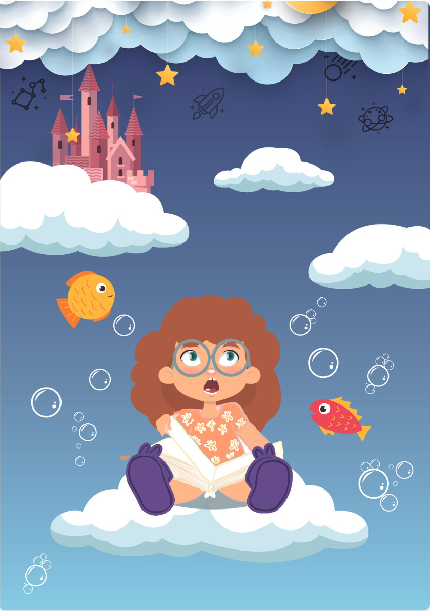 Roberta sitting on a cloud reading a book with a pink castle in the background